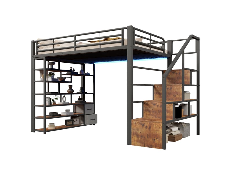  Lit mezzanine 140 × 200 cm avec escalier à rangements, 2 tiroirs en tissu, garde-corps et éclairage led pour chambre  - Conforama A