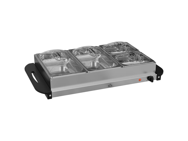 Chauffe-plats électrique acier inoxydable 300 w capacité 2 x 2,4 l et 2 x 1 l plaque chauffante et réglable températur - Conforama B