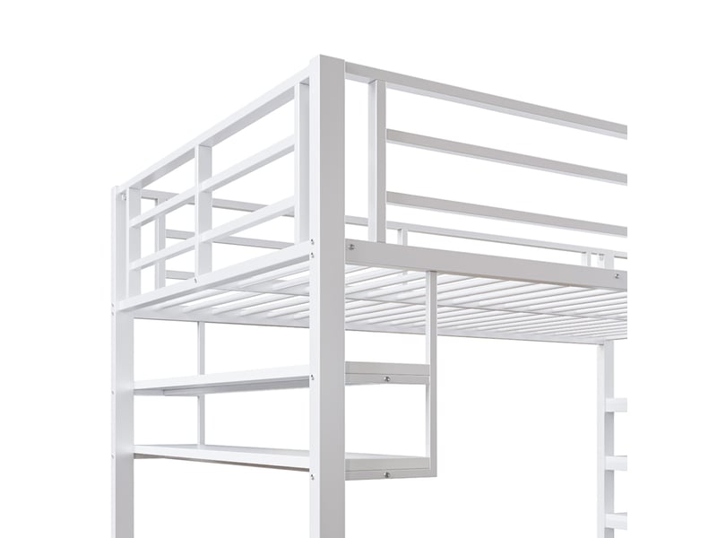 Lit mezzanine enfant 140 x 200 cm avec espace libre sous le lit, étagères et échelle de rangement, métal et mdf blanc, sans matelas  - Conforama W