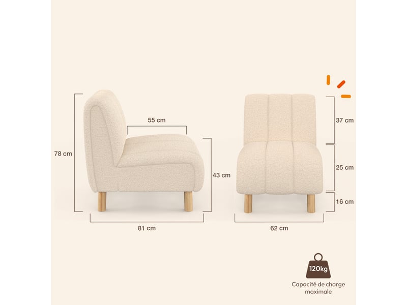  Fauteuil hector tissu bouclette beige et pieds arrondis effet bois  - Conforama E