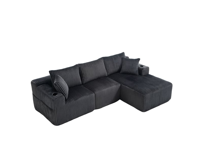  Canapé modulable avec méridienne 3 places velours côtelé 257x160 cm gris avec coussins et porte-gobelets  - Conforama A