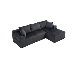 Canapé modulable avec méridienne 3 places velours côtelé 257x160 cm gris avec coussins et porte-gobelets