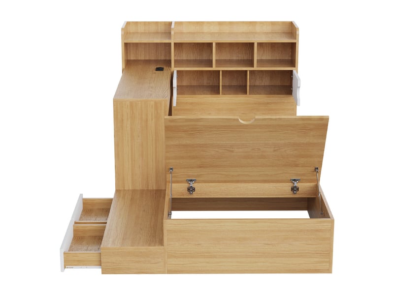  Lit multifonctionnel en bois, 90 x 200 cm, avec tête de lit intégrée et  pied de lit avec rangement, bureau, prise électrique et éclairage led LDF00750AAN - Conforama E