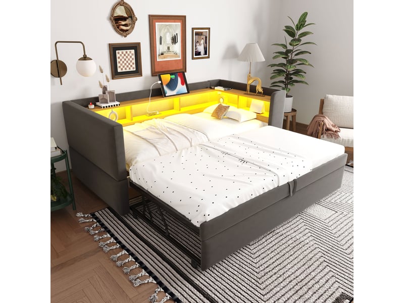  Lit gigogne 90180x190cm, lit extensible avec led, espace de rangement et sommiers, tissu gris foncé, sans matelas  - Conforama C