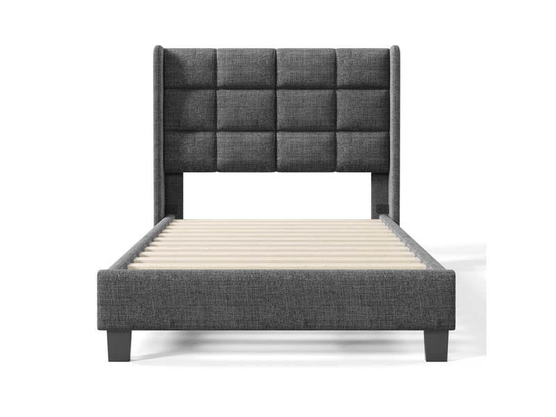 Lit simple 90x200 cm avec sommier à lattes, lit adulte avec tête de lit rembourrée, design moderne, lin, gris  - Conforama R