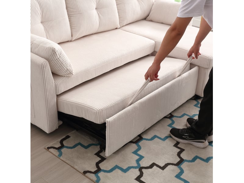  Canapé d'angle convertible 3 places beige en velours côtelé, avec rangement, chaise réversible et lit d'appoint  - Conforama D