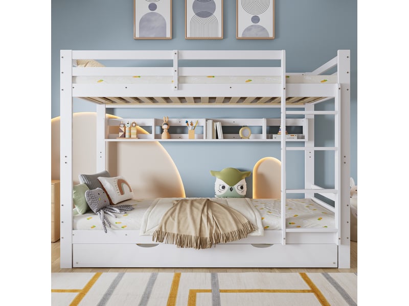  Lit superposé enfant 90 x 200 cm blanc avec lit gigogne à roulettes, étagères et échelle  - Conforama C