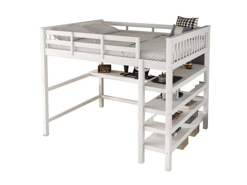  Lit mezzanine enfant 140x200 cm avec bureau et étagères coloris blanc  - Conforama A