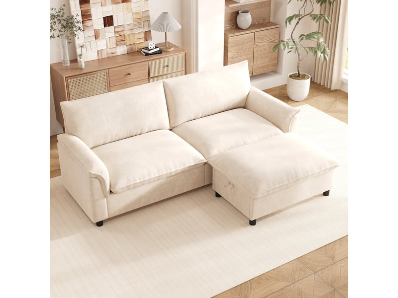  Canapé d'angle modulable 3 places, tissu chenille beige doux, assise profonde avec pouf coffre de rangement, convertible lit pour salon.  - Conforama D
