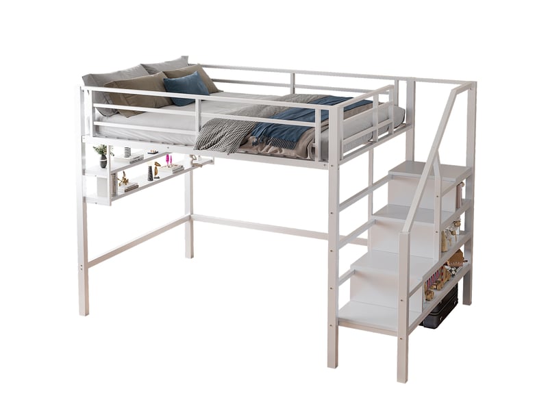  Lit mezzanine enfant 140 x 200 cm avec espace libre sous le lit, étagères et échelle de rangement, métal et mdf blanc, sans matelas  - Conforama A