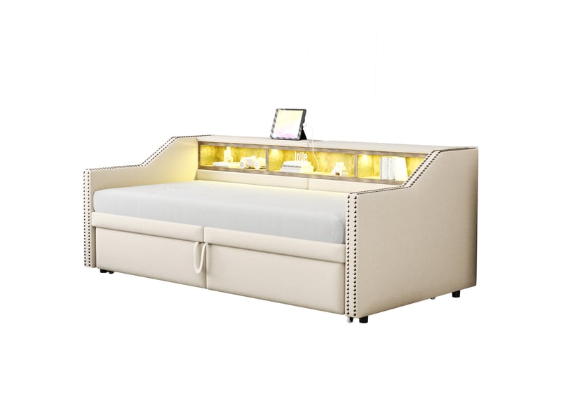  Canapé-lit extensible 90180 x 200 cm avec led, usb et rangements, beige  - Conforama A
