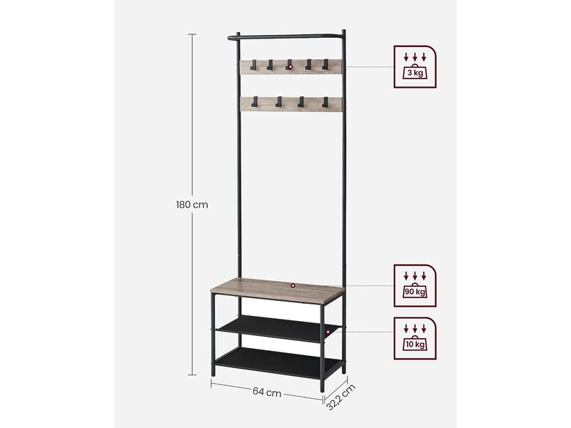 Meuble d’entrée 32,2 x 64 x 180 cm porte-manteaux avec banc et étagère à chaussures 9 crochets amovibles tringle pour entrée chambre style industriel gris 12_0006392  - Conforama D