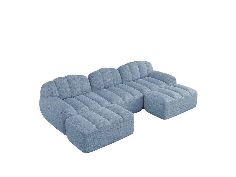  Canapé modulable u 3 places bleu en tissu bouclette avec 2 poufs, assise profonde pour salon familial  - Conforama A