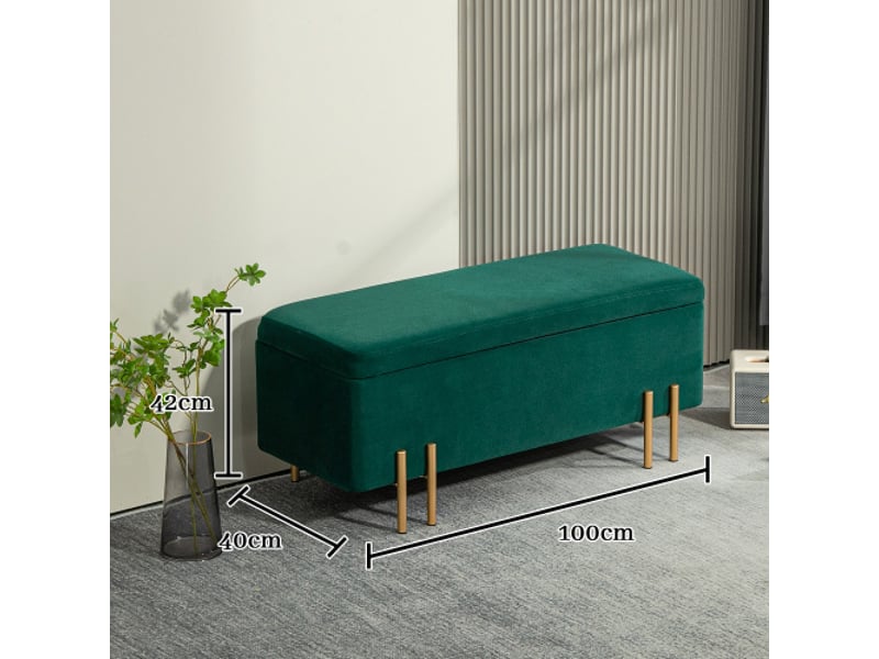  Banc coffre vert rembourré avec rangement, métal, bois d’hévéa et mousse, 100x40x42 cm  - Conforama C