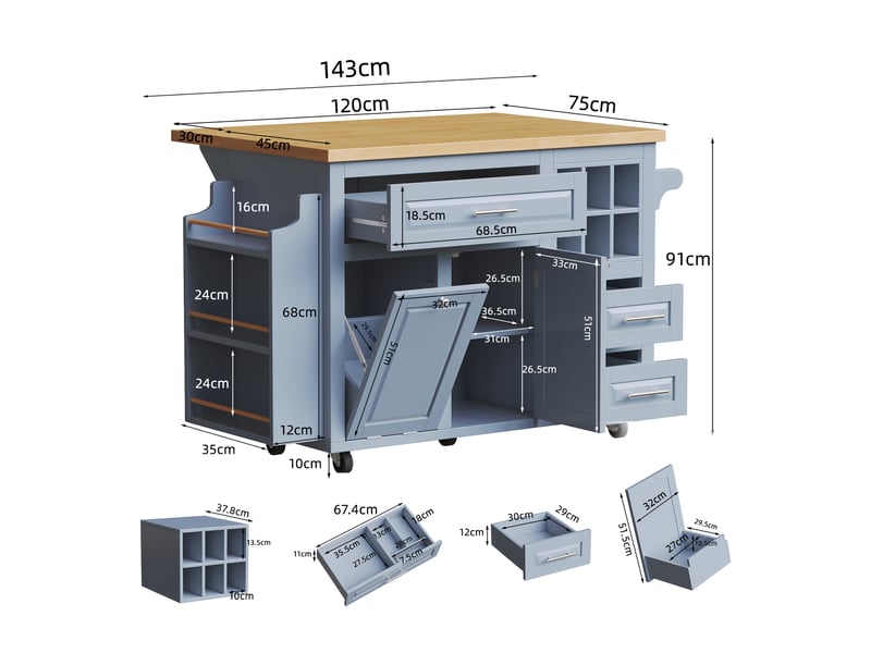Desserte de cuisine à roulettes avec plateau rabattable, mdf, bleu - Conforama E