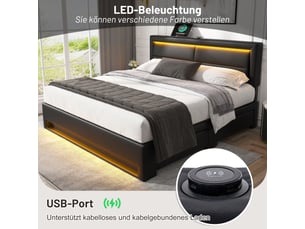 Lit rembourré 140x200 cm-lit double avec sommier-4 tiroirs-led 12 couleurs-recharge filaire et sans fil-sans matelas-noir