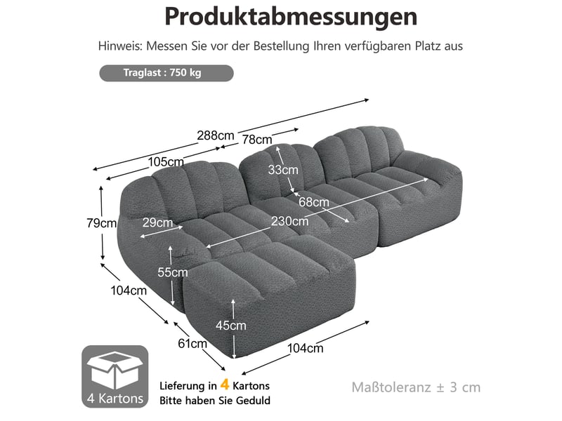  Canapé d’angle coquille 3 places avec pouf gris – 288 x 165 x 79 cm Fay Lum - Conforama C