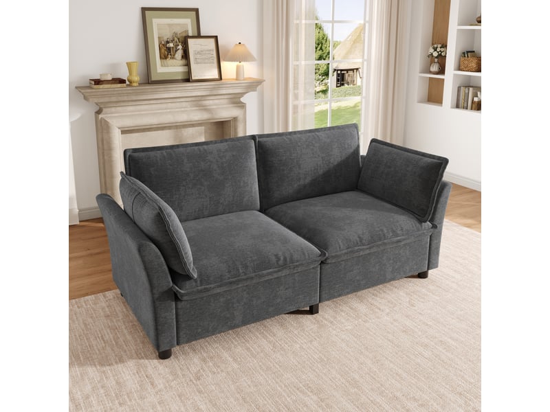  Canapé 2 places en tissu chenille gris, 2 coussins d'accoudoir, montage facile, 155×81×87 cm  - Conforama B