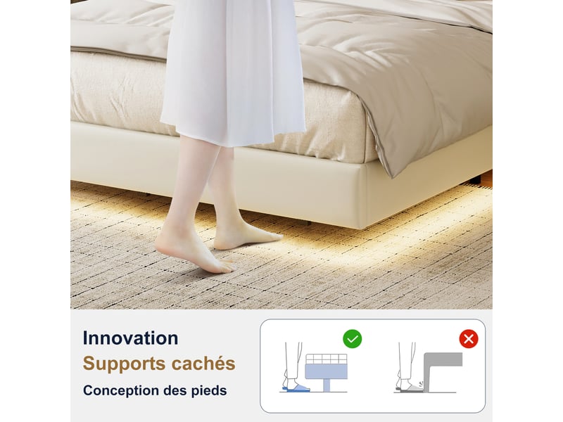  Lit double 140x190 avec sommier flottant cadre lit avec led et usb tete lit rembourrée escamotable et espace rangement pour adultes et ados blanc pu  - Conforama R