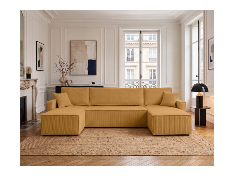  Farah - canapé d'angle panoramique convertible 6 places accoudoirs slim en velours cotelé  - Conforama B
