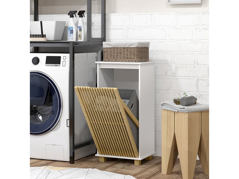  Meuble salle de bain avec panier à linge, blanc et effet bois naturel, porte à lattes en bambou et sac amovible  - Conforama D