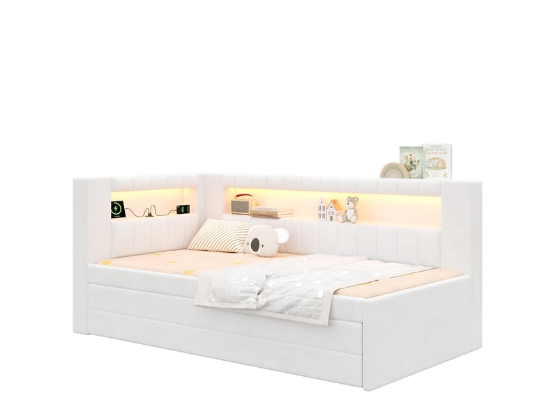  Lit banquette 90x200 cm blanc avec lit gigogne, 3 tiroirs, led 7 couleurs et ports usb, sans matelas  - Conforama A