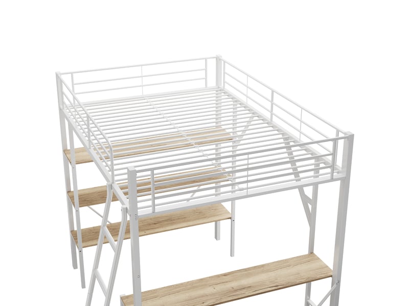  Lit mezzanine lit simple en métal avec bureau, 3 étagères et garde-corps, 200x90 cm, sans matelas, blanc  - Conforama E