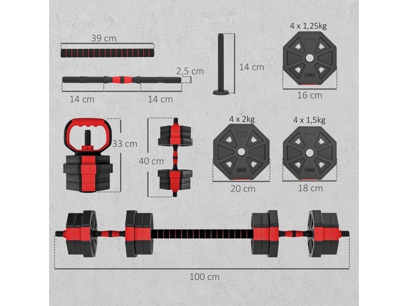 Set d'haltères réglable 4-en-1 100 x 18 x 18 cm – rouge et noir – poids ajustables, musculation à domicile - Conforama B