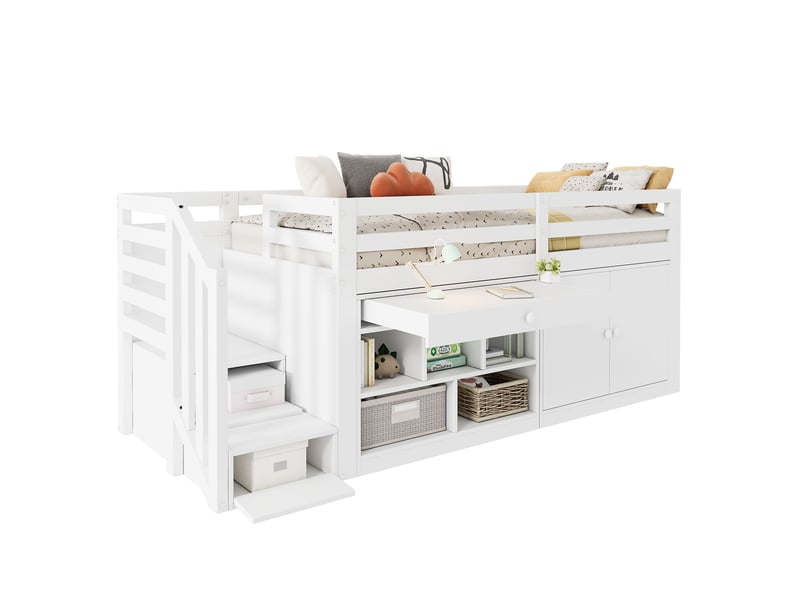  Lit enfant multifonction 90x200 blanc avec escalier et rangement - tiroirs convertibles en bureau  - Conforama A