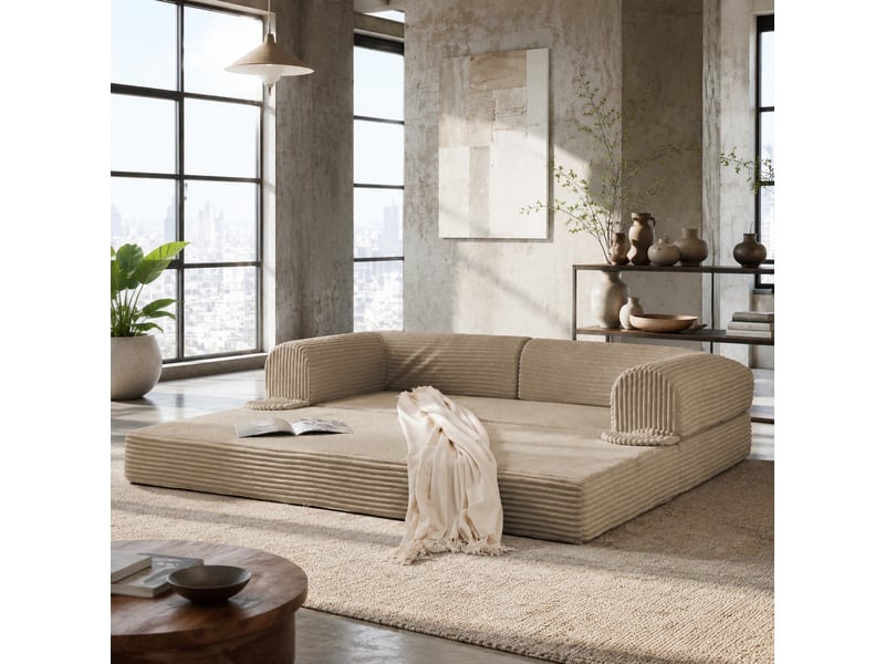 Canapé convertible 2 places en lit double - accoudoirs rembourrés, tissu côtelé - marron - Conforama C