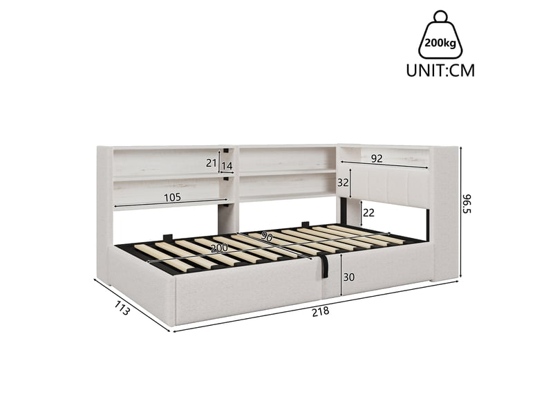  Canapé-lit 90 x 200 cm, suspension hydraulique, prise électrique, caisson latéral réversible (à gauche ou à droite) avec port usb et éclairage led, sans matelas, velours blanc.  - Conforama C