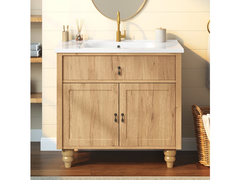  Meuble sous vasque 81x47x86 cm avec vasque en céramique décor bois naturel  - Conforama B