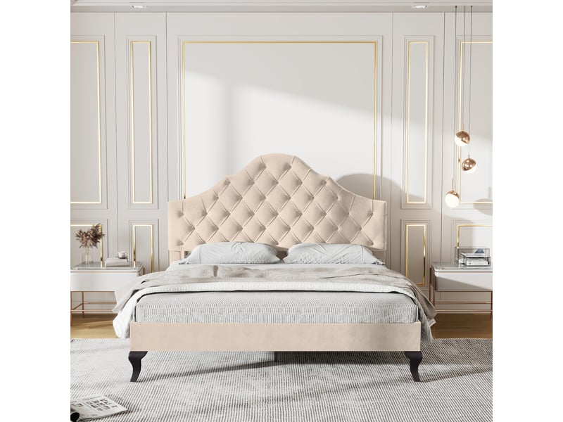  Lit capitonné 140x190 cm velours beige avec tête réglable et lattes  - Conforama E