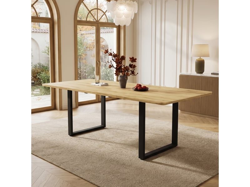 Table à manger extensible 140-180-220x80 cm pour 6 à 10 personnes, 3 longueurs, pieds métal, charge 100 kg, mdf bois naturel Morn Vibe - Conforama C