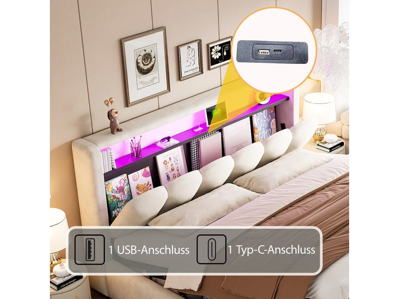  Lit double rembourré 180x200 cm avec éclairage led et ports usb, cadre de lit adulte avec tête de lit en velours, beige, 2 places  - Conforama R