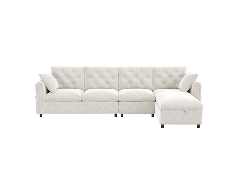  Canapé d'angle l lora beige avec rangement d'angle réversible, poche magazine et dossier capitonné  - Conforama A