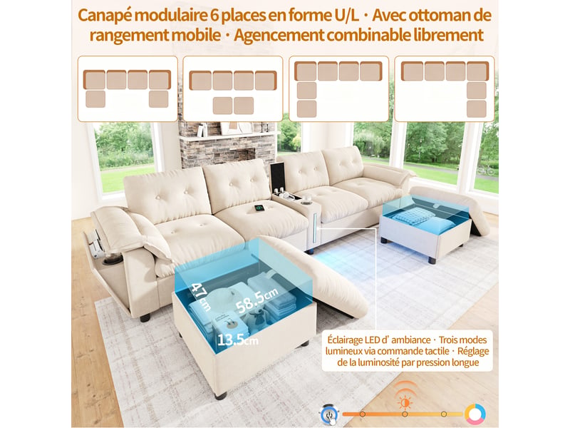  Canapé panoramique modulable 6 places avec deux poufs de rangement, led, usb et type-c en chenille beige  - Conforama B