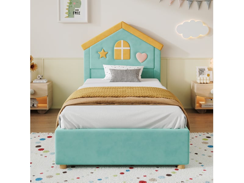  Lit enfant 90x200 cm, velours français bleu-vert, équipé de rangement et de tête de lit maison, sans matelas  - Conforama E