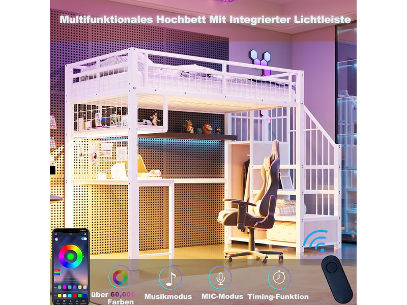  Lit mezzanine 90x200 cm avec bureau, rangements, led et prises coloris blanc  - Conforama E
