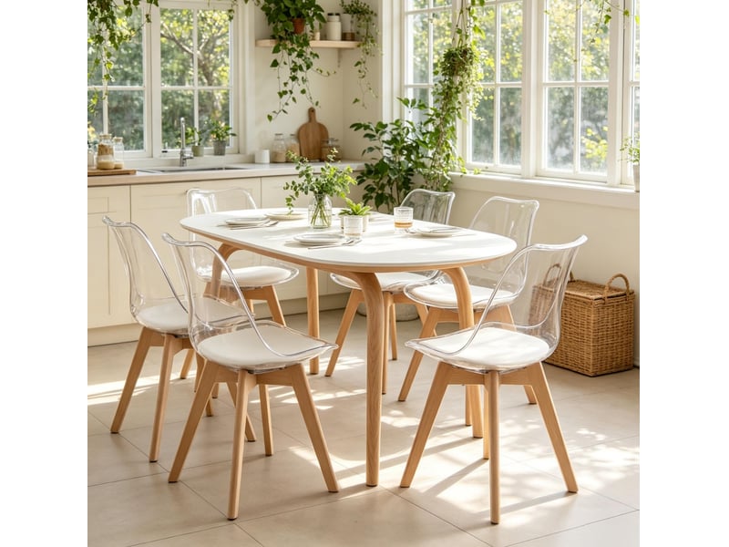  Chaise de salle à manger lot de 6 avec coussin rembourré et patins, en polypropylène, bois et similicuir blanc  - Conforama B