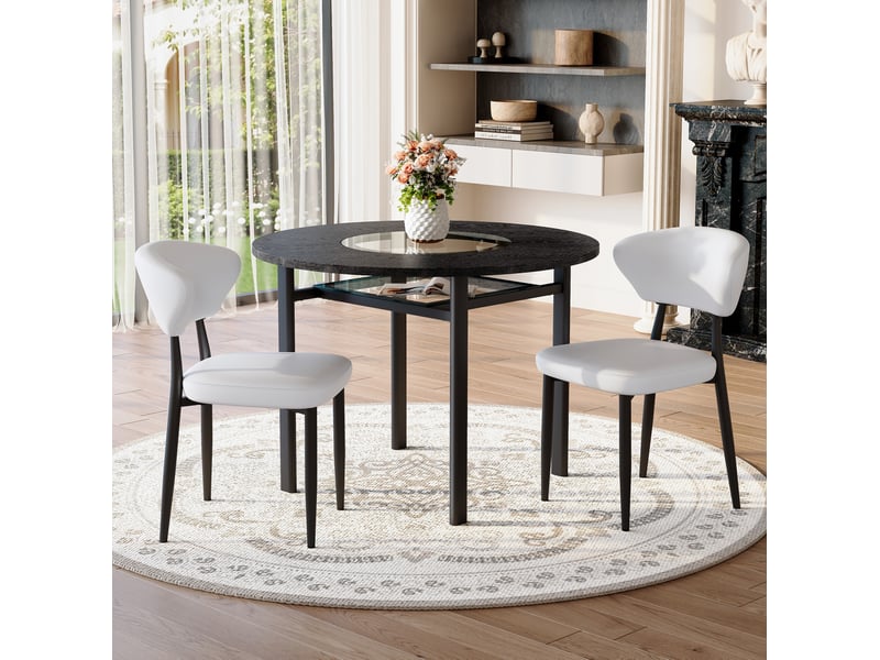  Ensemble table ronde 100x100x76 cm avec 2 chaises, insert central en verre, mdf, métal et polyuréthane (pu), noir et blanc  - Conforama B