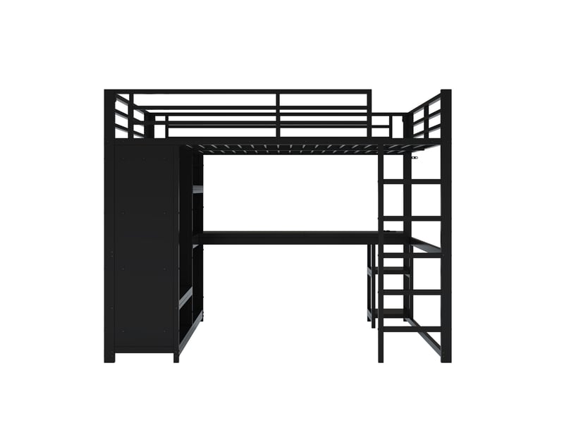 Lit mezzanine gaming 160x200 cm noir, avec bureau, led, rangements, penderie, structure métal, sommier inclus, sans matelas - Conforama E