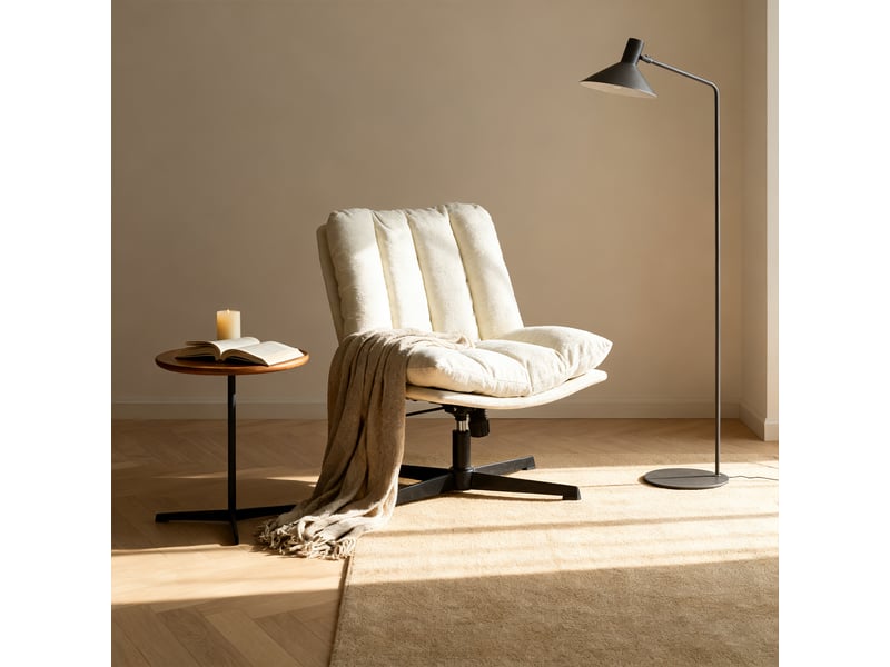 Fauteuil salon pivotant sur 360°, réglable en hauteur, sans accoudoirs, en tissu chenille, beige - Conforama R