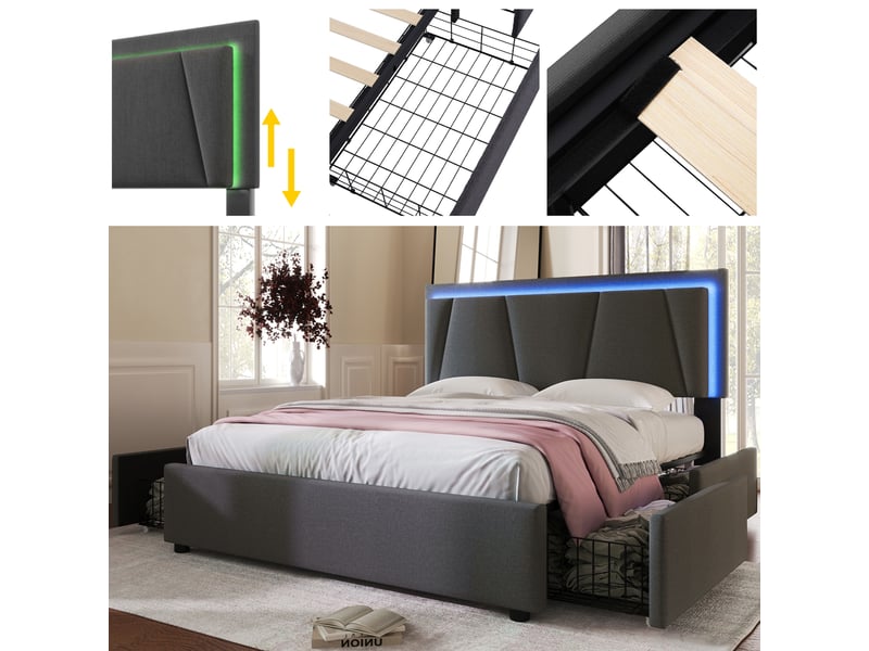 Lit capitonné, lit double 160x200 cm, 4 tiroirs, rangement intégré, led, tête de lit réglable, matelas inclus, bois gris  - Conforama E