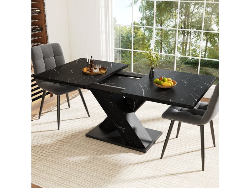  Table à manger extensible, 119-158,5x80x75 cm, effet marbre, design moderne, repas, salle à manger, mdf, coloris noir  - Conforama E