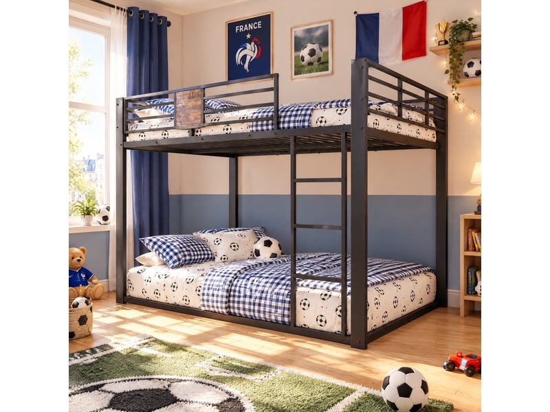  Lit superposé 140x200 cm en métal, lit mezzanine bas 145 cm avec échelle réversible, garde-corps sécurité, décor bois - noir  - Conforama B