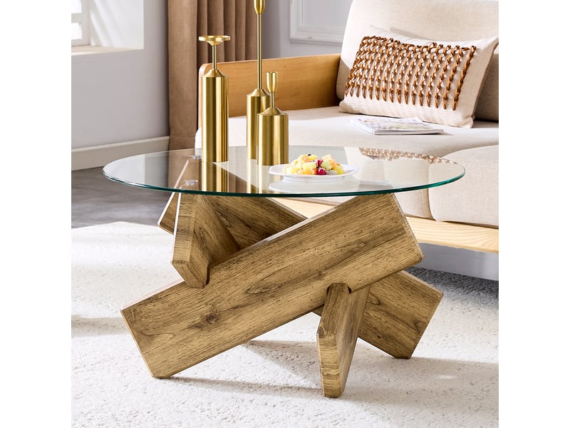  Table basse ronde avec plateau en verre et piètement croisé, pour salon, en mdf et verre, transparent et bois - uvrion  - Conforama D