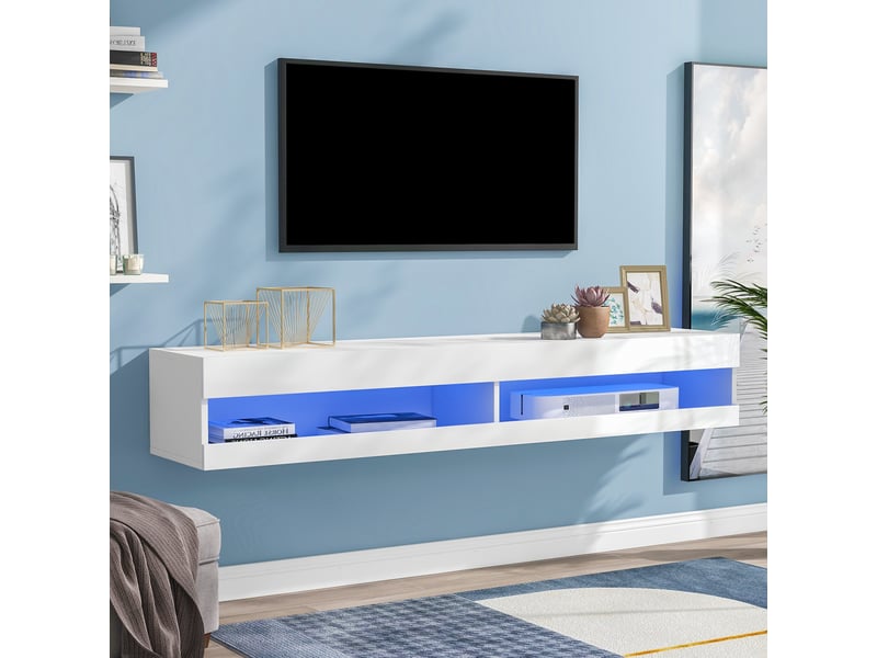  Meuble tv bas 140x40x30,5cm a led blanc, meuble tele de haute qualité avec d'espace de rangement pour votre salon avec éclairage led  - Conforama R