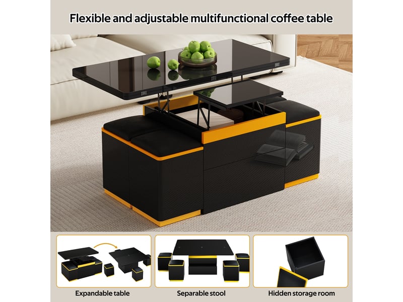  Table basse noir, rangement, étagères réglables, plan relevable, design moderne, multifonctionnel - 100x50x43cm - salon  - Conforama D