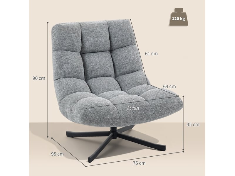  Fauteuil lounge pivotant 360° 95x75x90 cm – gris – assise large en polyester déperlant, dossier rembourré  - Conforama C